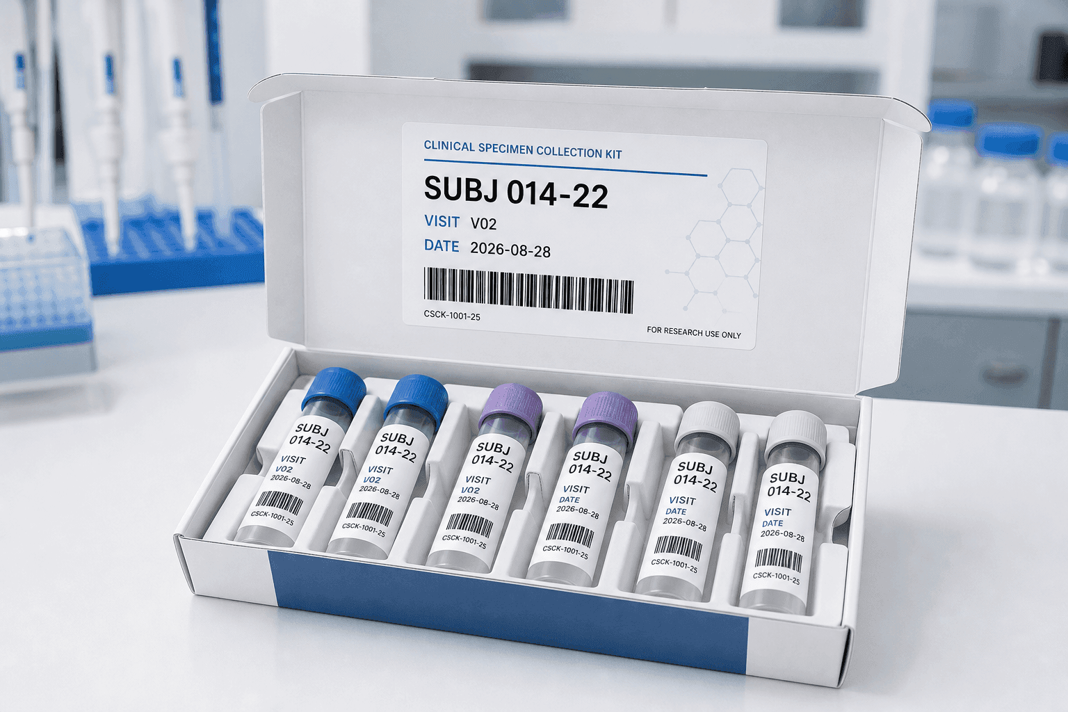 Clinical specimen kit with white-labelled sample tubes