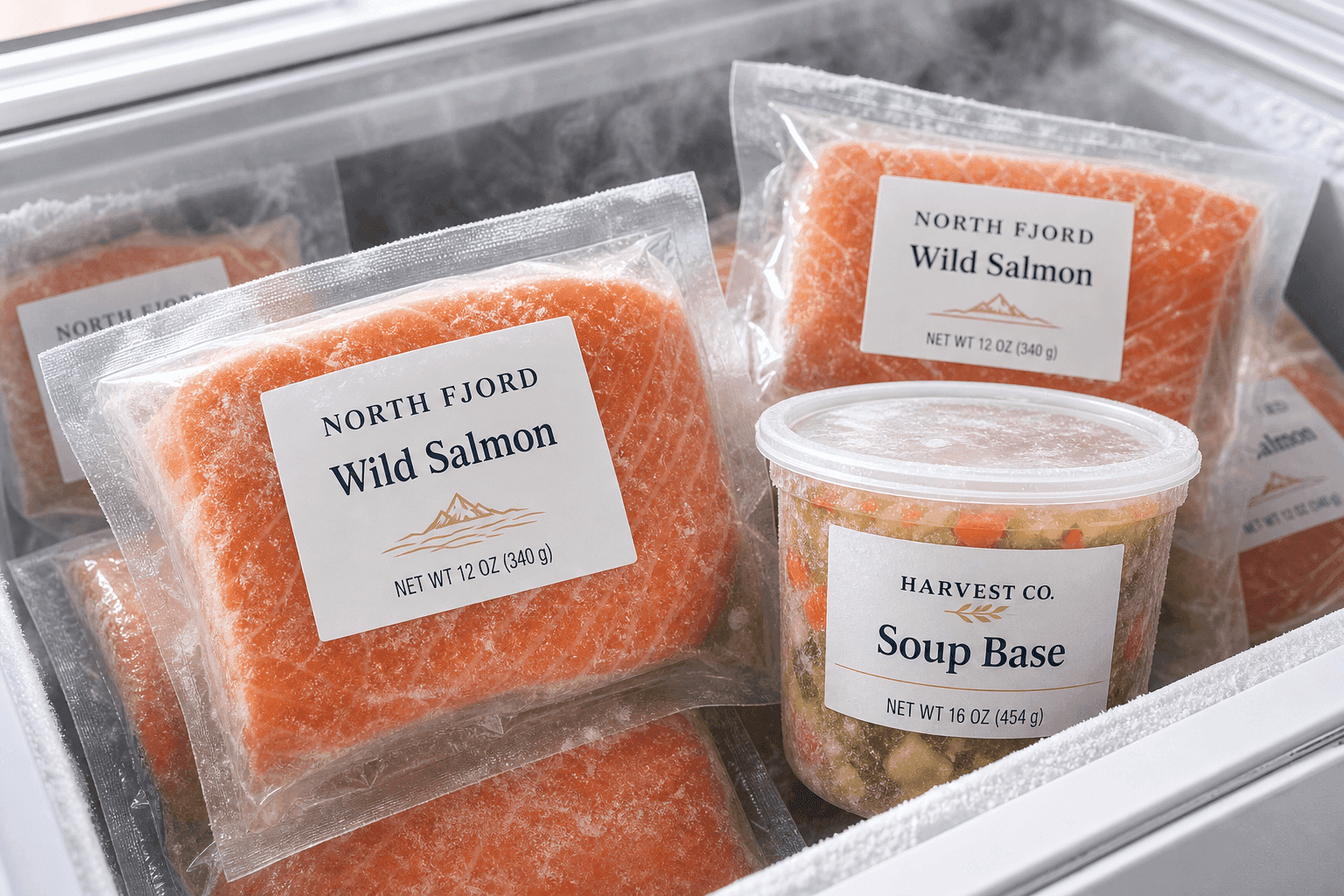 Frozen food pouches with flat white PET labels in frost