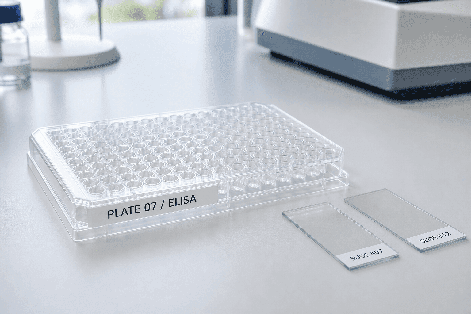 96-well microplate and slides with small white PET labels