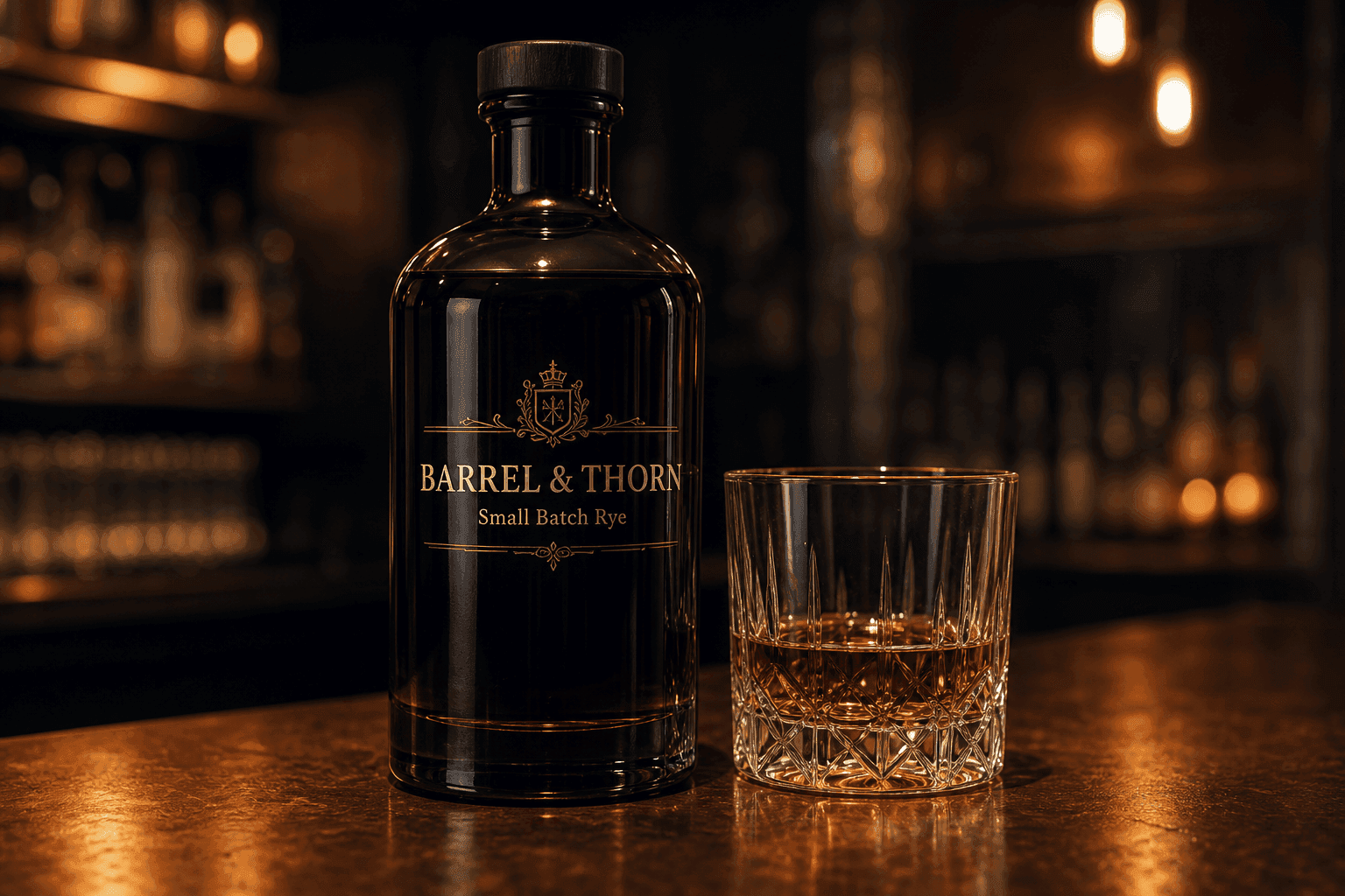 Spirits bottle with a printed-on transparent label at a bar