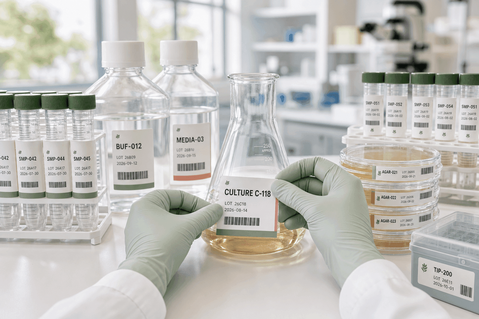 Scientist labelling a flask on a bench of labelled containers