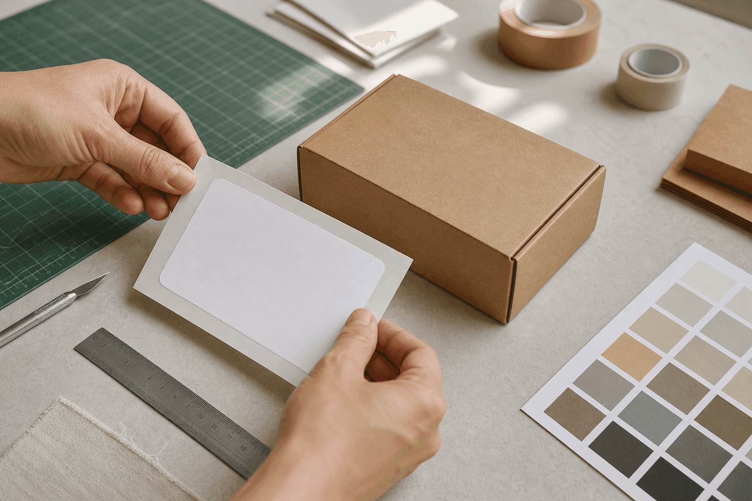 Hands reviewing an unbranded blank label proof beside packaging and production tools