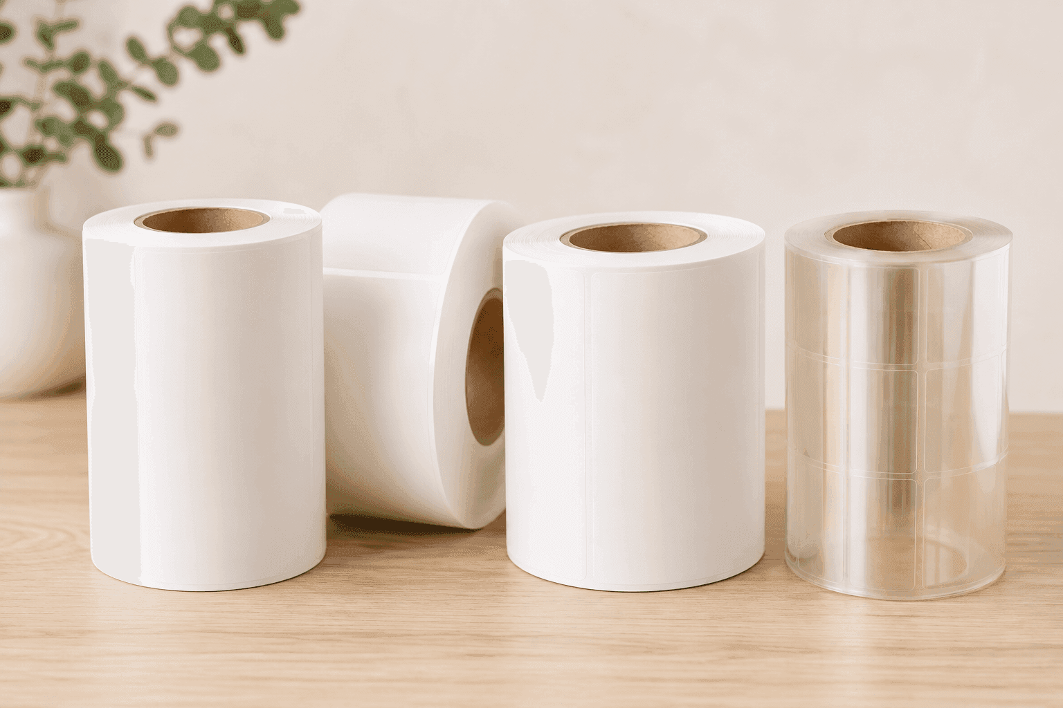 Blank label rolls on a studio surface