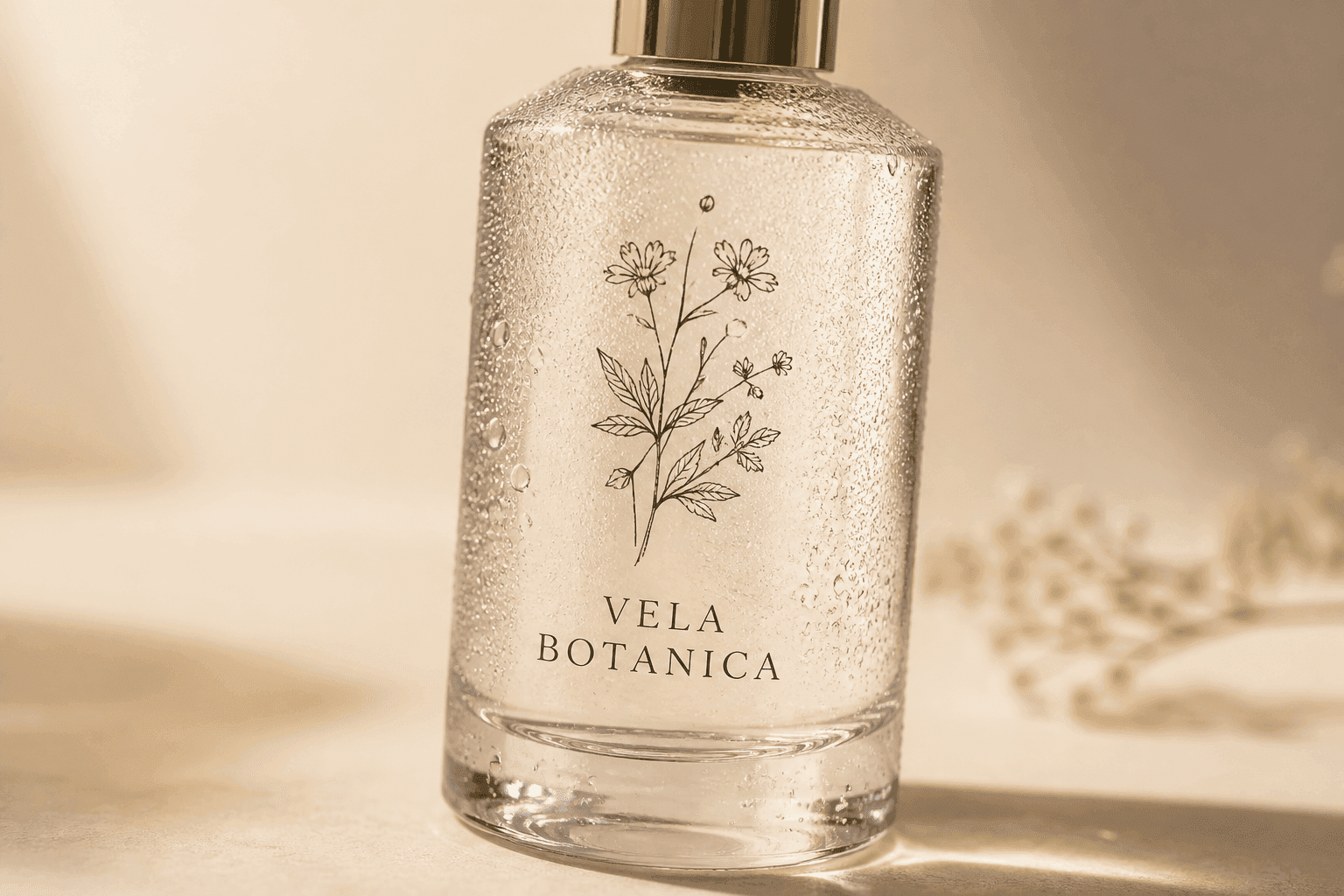 Glass bottle with condensation carrying a transparent no-label-look design