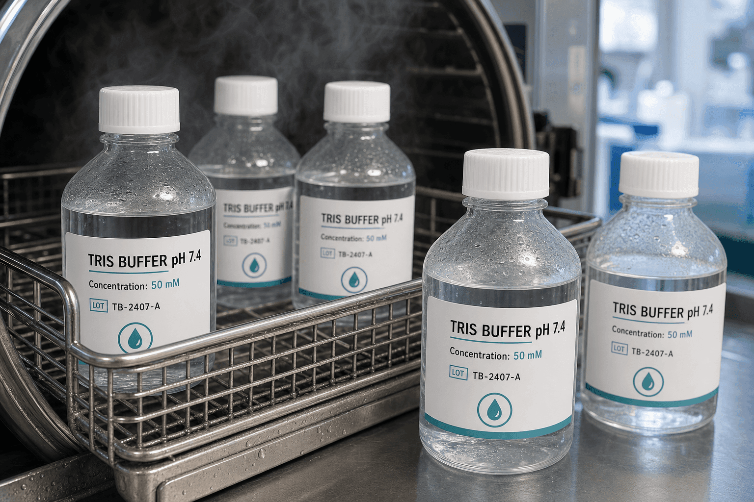 Laboratory bottles out of an autoclave with flat white PET labels