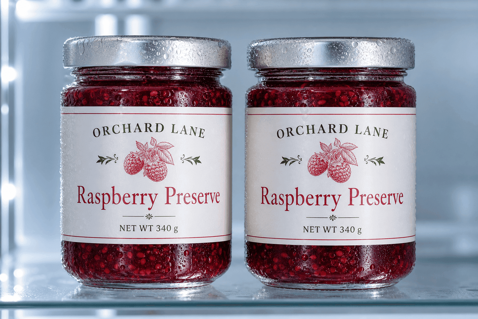 Chilled glass food jars with condensation and flat white PET labels