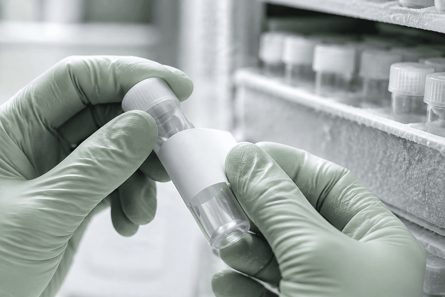 Gloved hand applying a white PET label to a laboratory tube