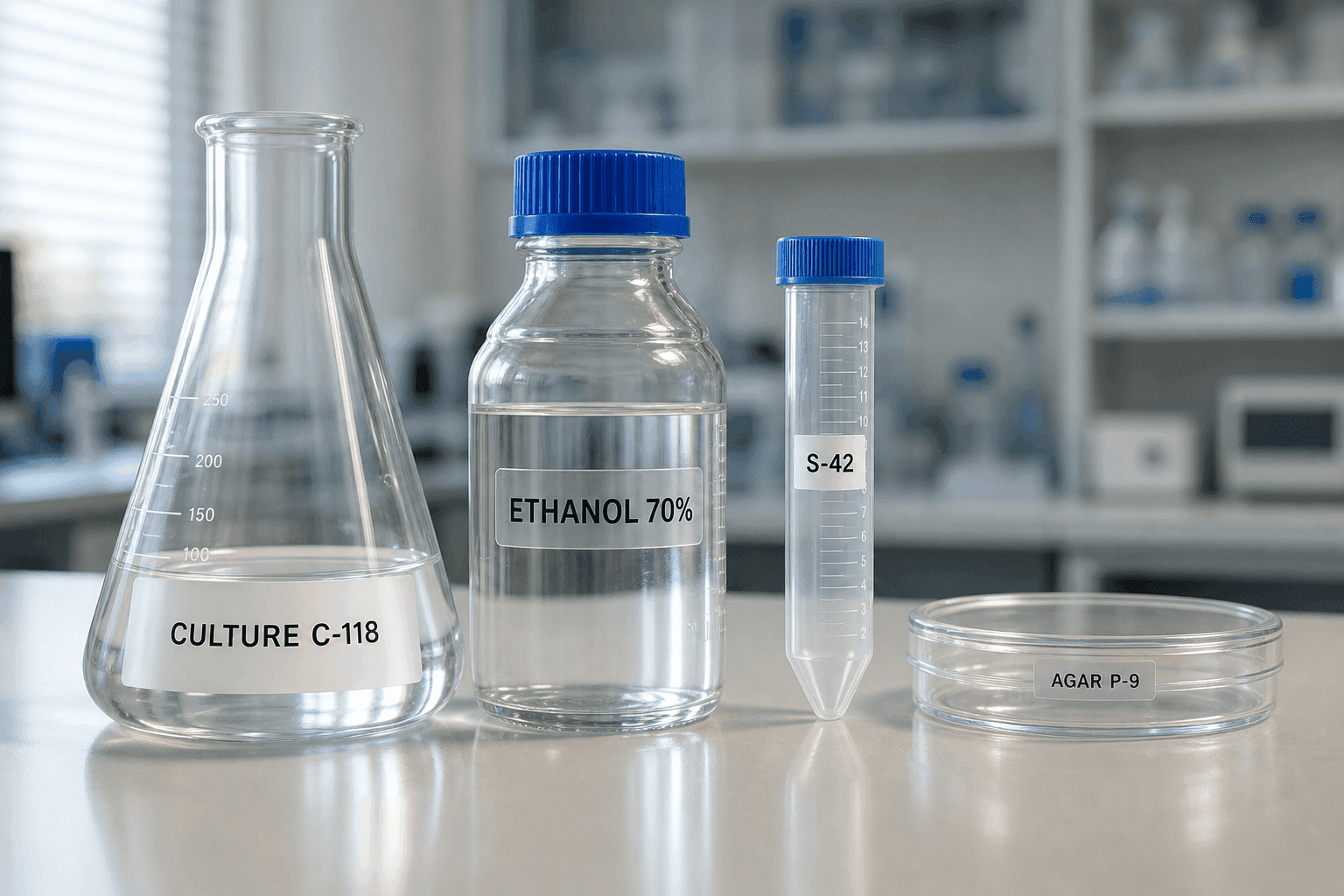 Flask, reagent bottle, tube and dish mixing both PET films