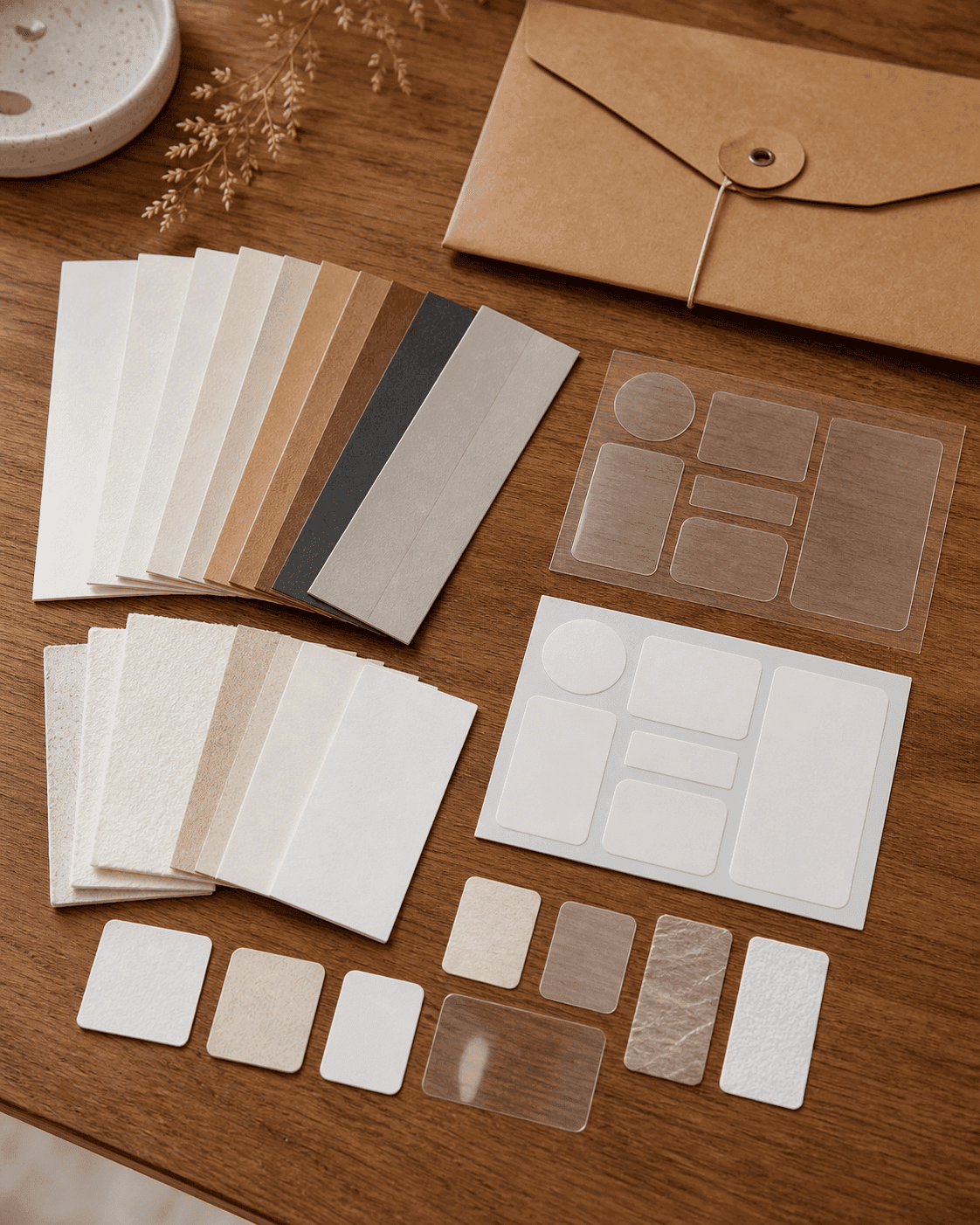 Paper and film material cards with blank label samples