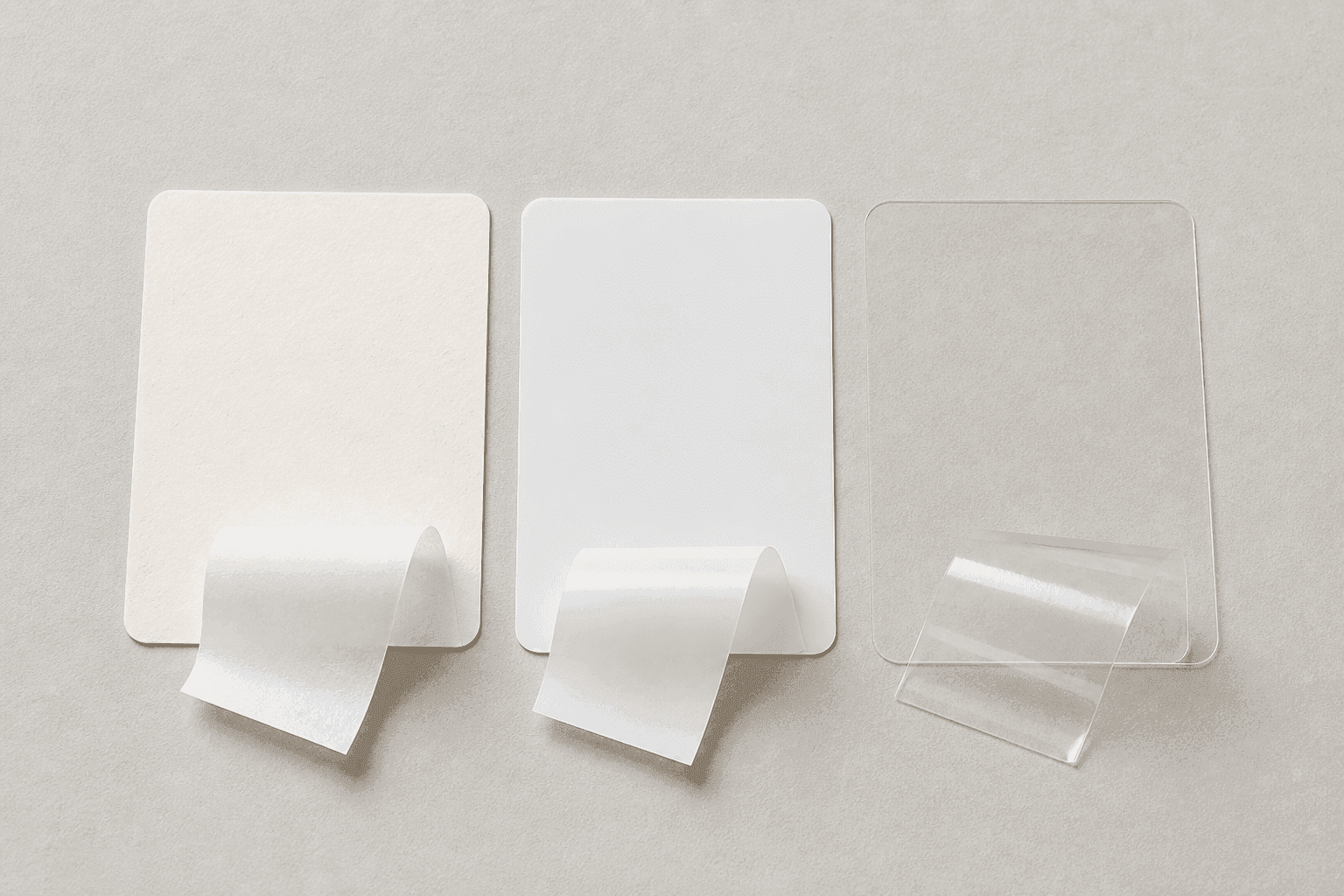 Unbranded paper, white film and clear label material swatches with adhesive strips