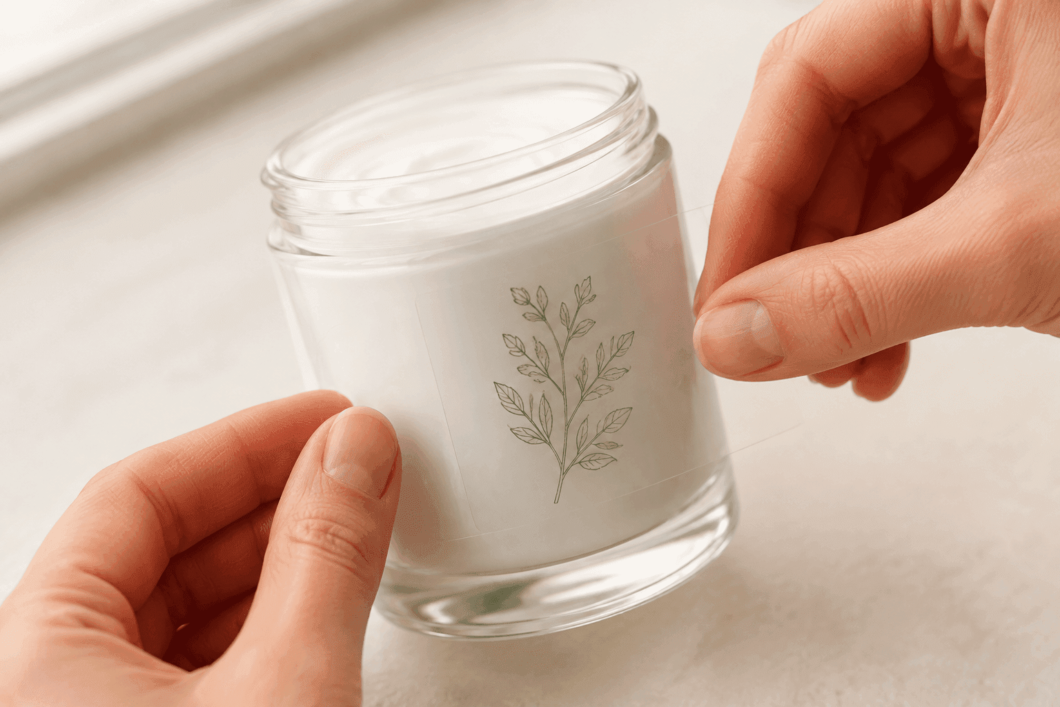 Fingertips smoothing a transparent label onto glass