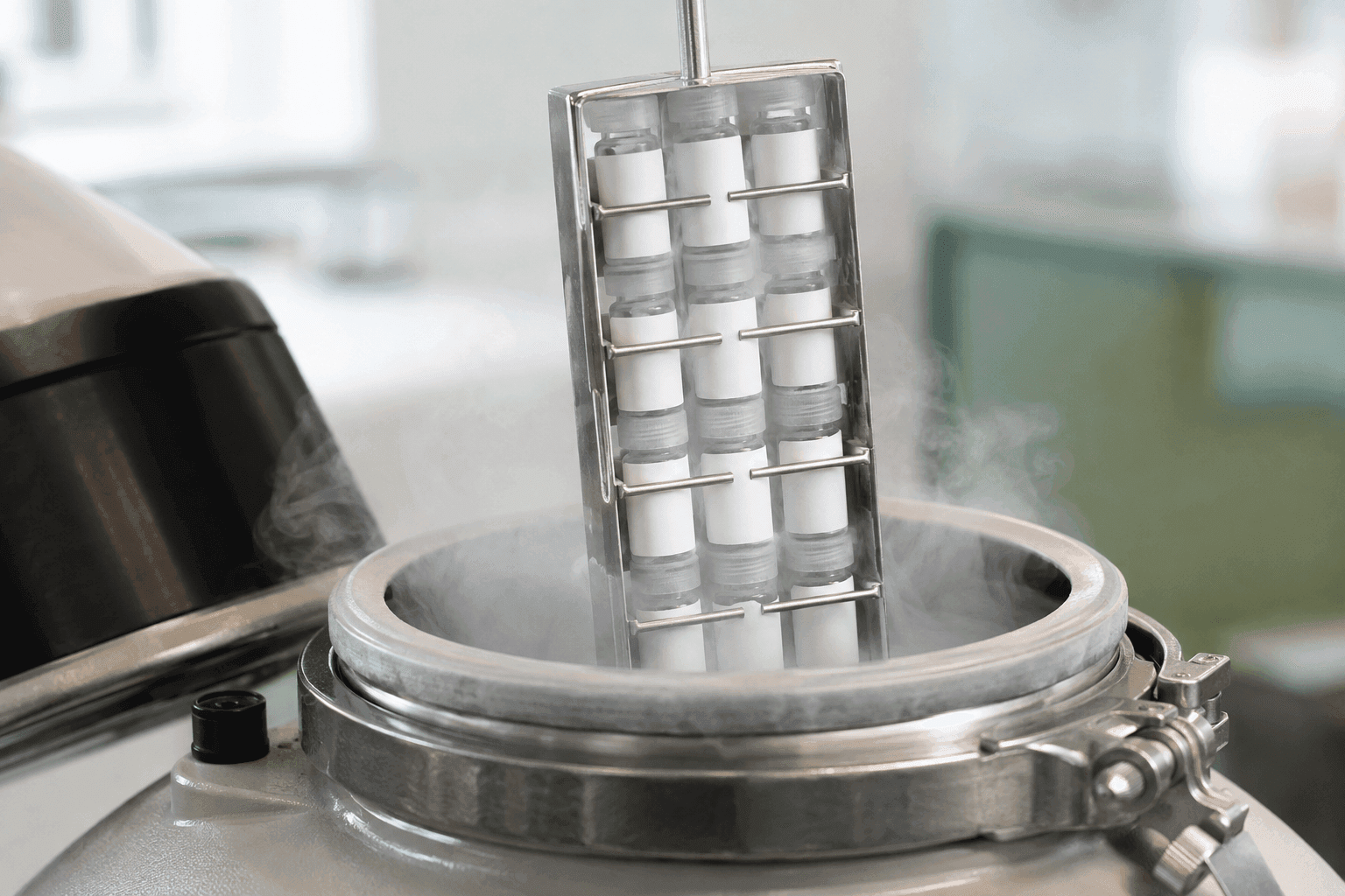 Cryo cane lifted from a liquid-nitrogen dewar with intact white PET labels