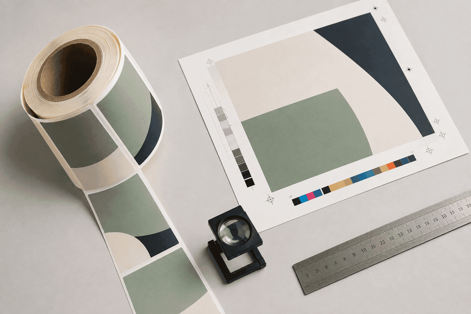 Finished label roll, printed proof sheet and loupe on a print-room worktable
