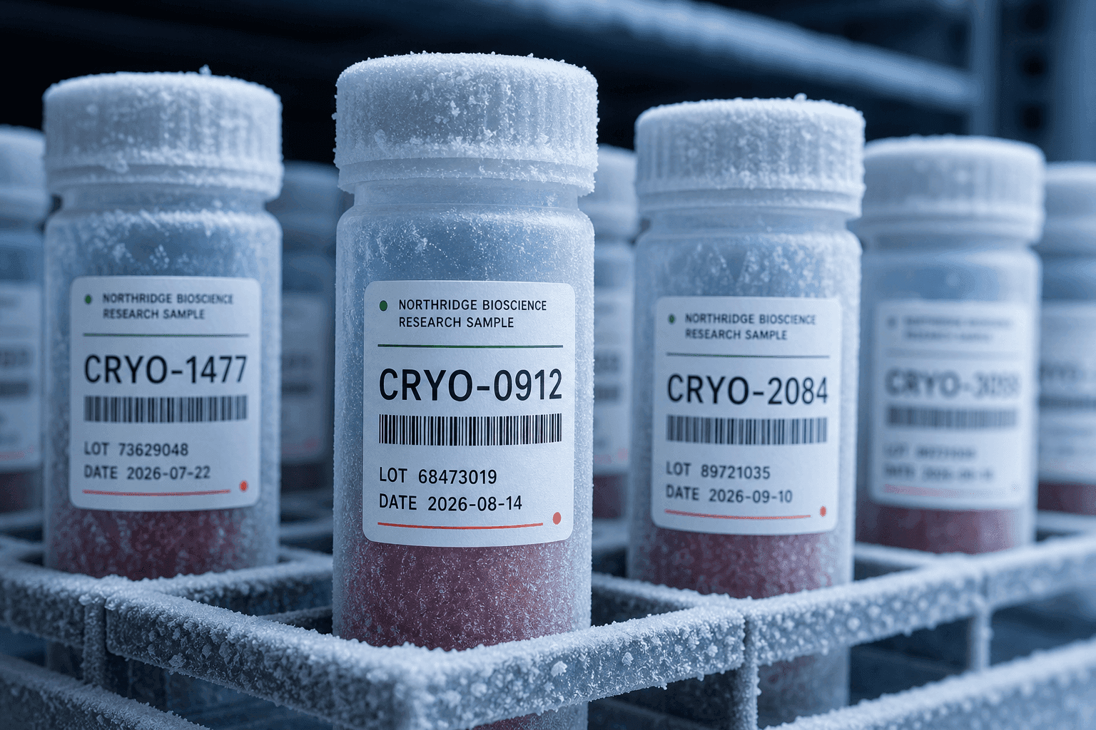 Frost-covered cryo vials with flat white PET labels in a freezer rack