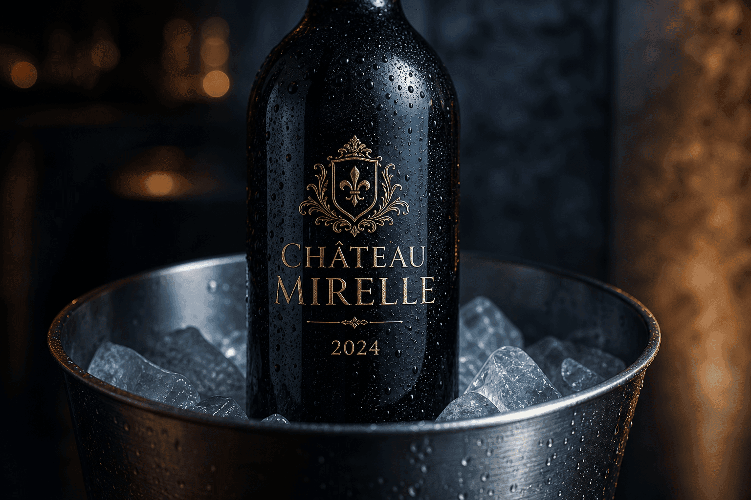 Wine bottle in an ice bucket with a transparent no-label-look design