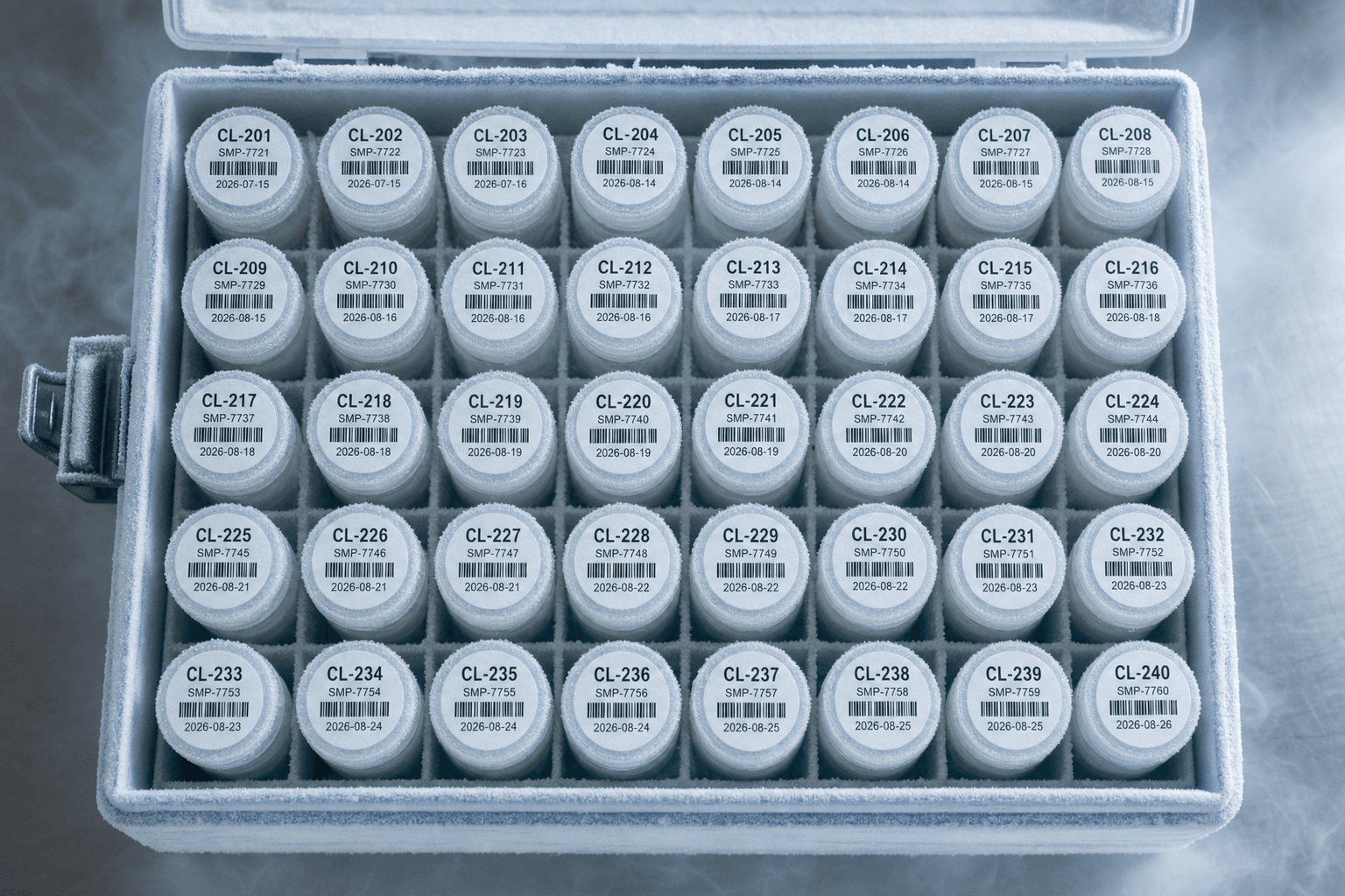 Cryo storage box of frosted vials with tiny white PET labels