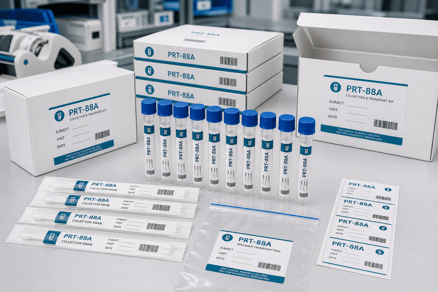 Clinical kit assembly bench with matched white PET labels