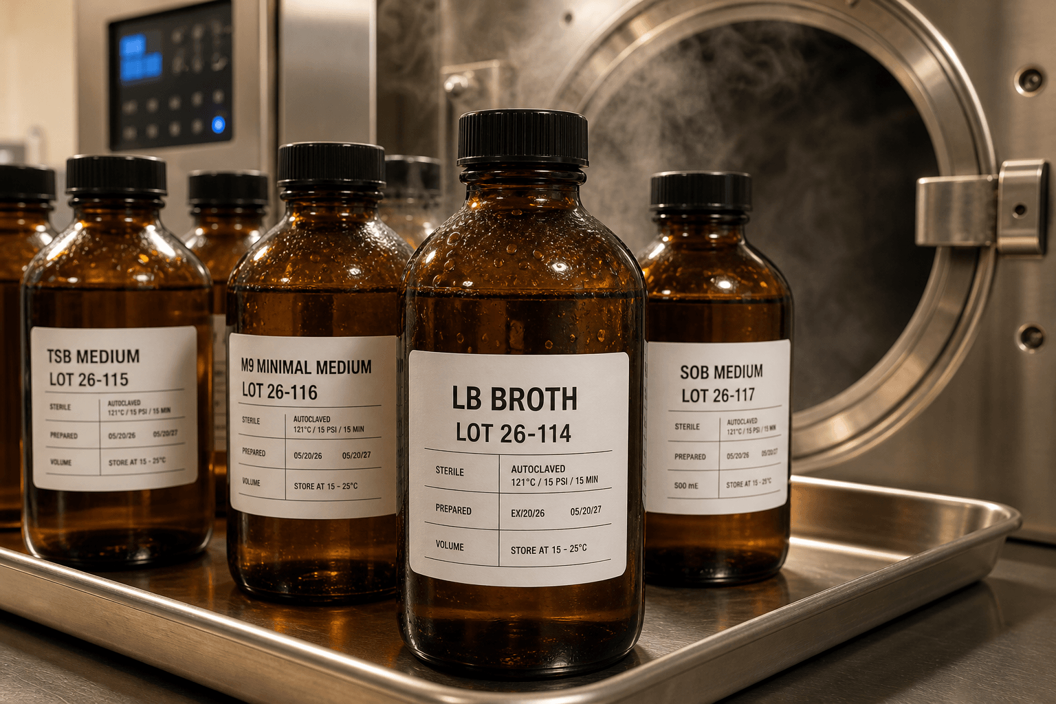 Amber media bottles by an autoclave with crisp white PET labels